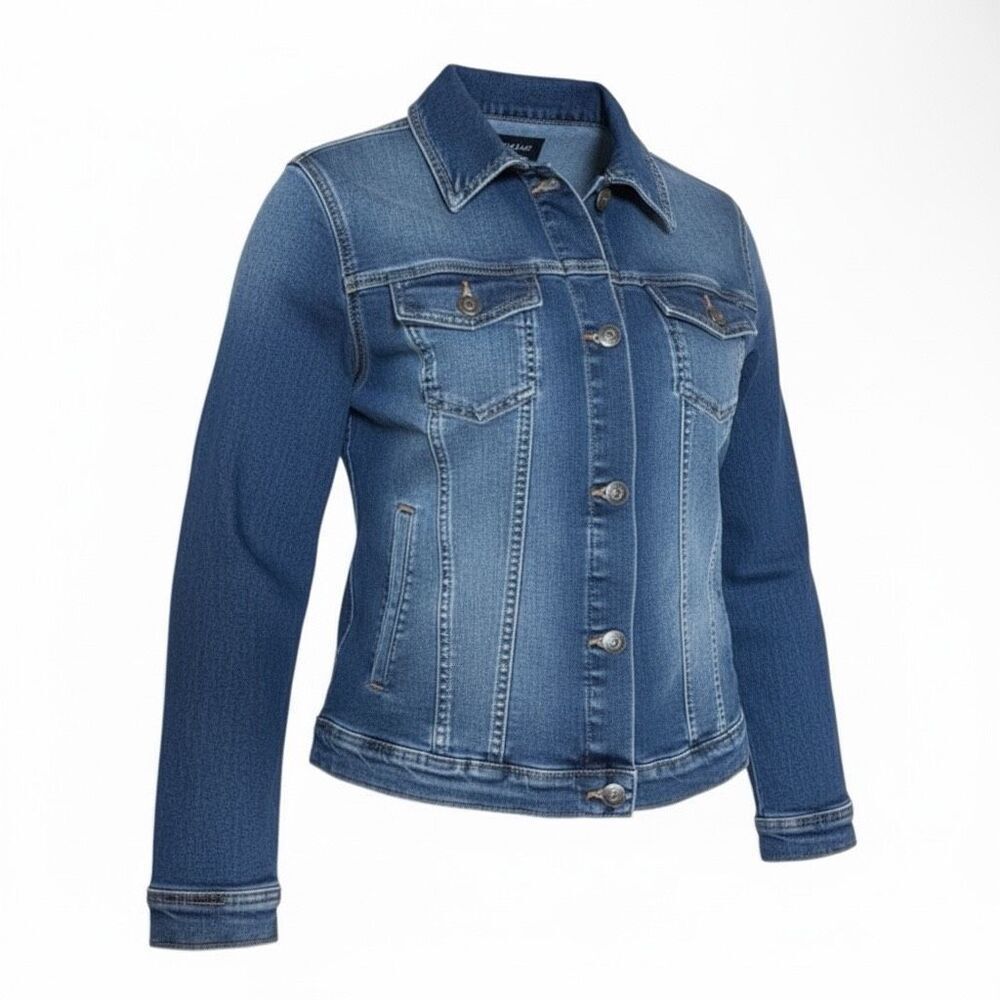 Button Front Cotton Stretch Denim Trucker Jacket Weathered Blue Size Large